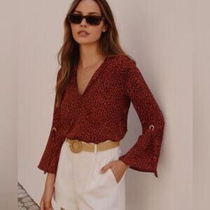 Michael Kors Womens Red Sheer Animal Print Flare Sleeve VNeck Blouse sz S